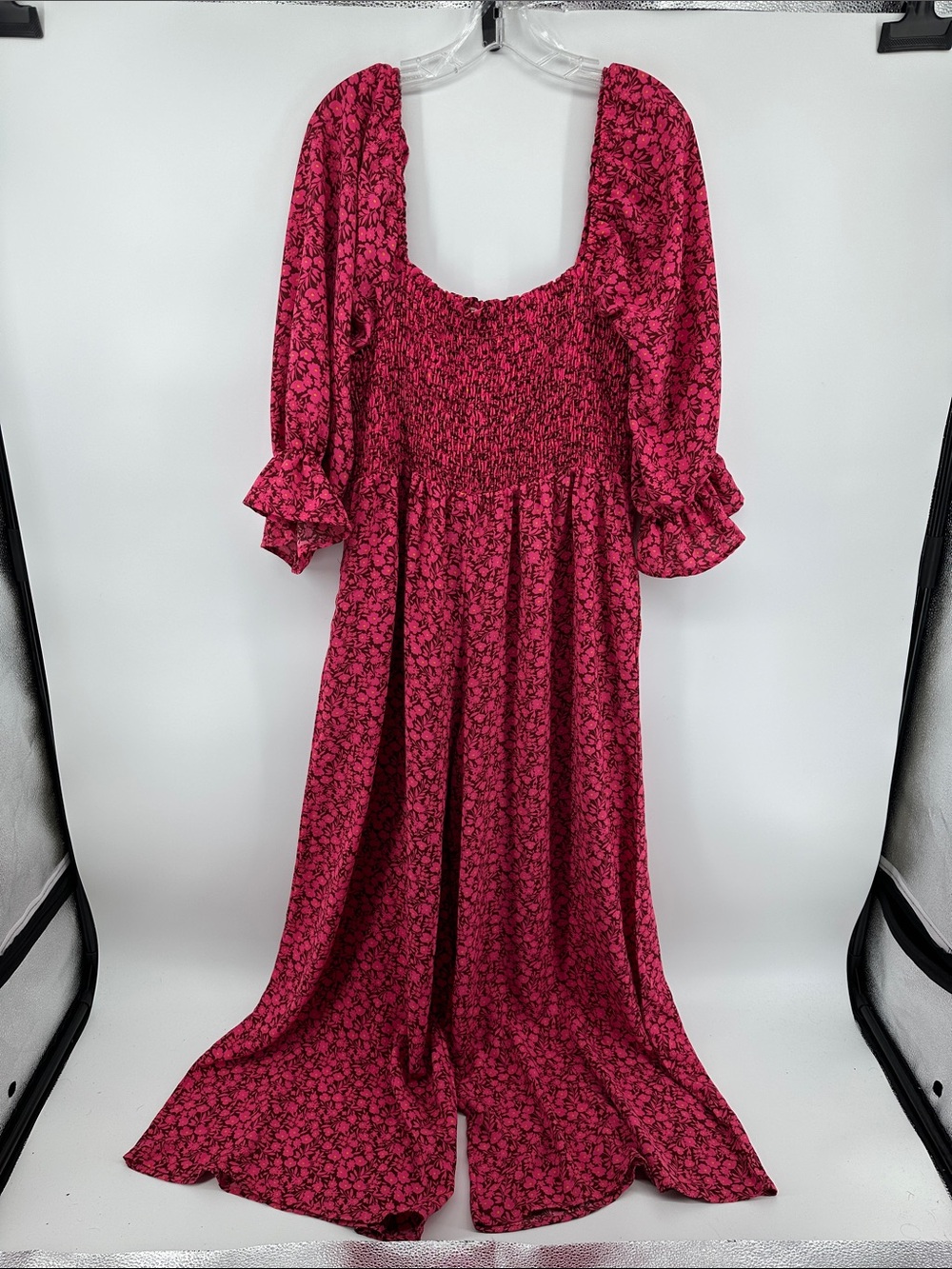Haptics CottagecoreBohoRomanticPrairiePink Floral Smocked Wide-Leg Jumpsuit Sz3X